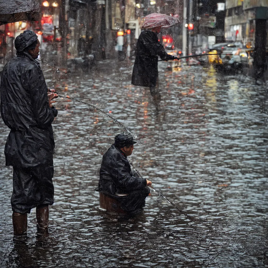 Image similar to closeup portrait of a man fishing in a puddle rainy new york street, by Steve McCurry and David Lazar, natural light, detailed face, CANON Eos C300, ƒ1.8, 35mm, 8K, medium-format print