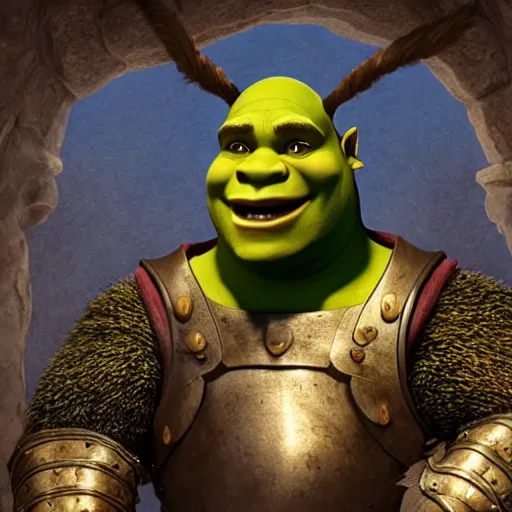 Prompt: shrek from shrek as a glorious devout shining powerful epic amazing awesome very handsome attractive muscular stylish knight in shining golden armor riding donkey, fantasy art, highly detailed, photorealistic, octane render, 8 k, unreal engine, art by leonardo devinci