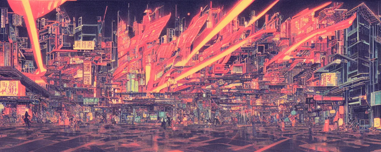 Prompt: factory exploding at night in the center of a futuristic sci-fi asian city, signboards, neon lights, blade runned color palette, by Yasunari Ikenaga, Yamato, Macross