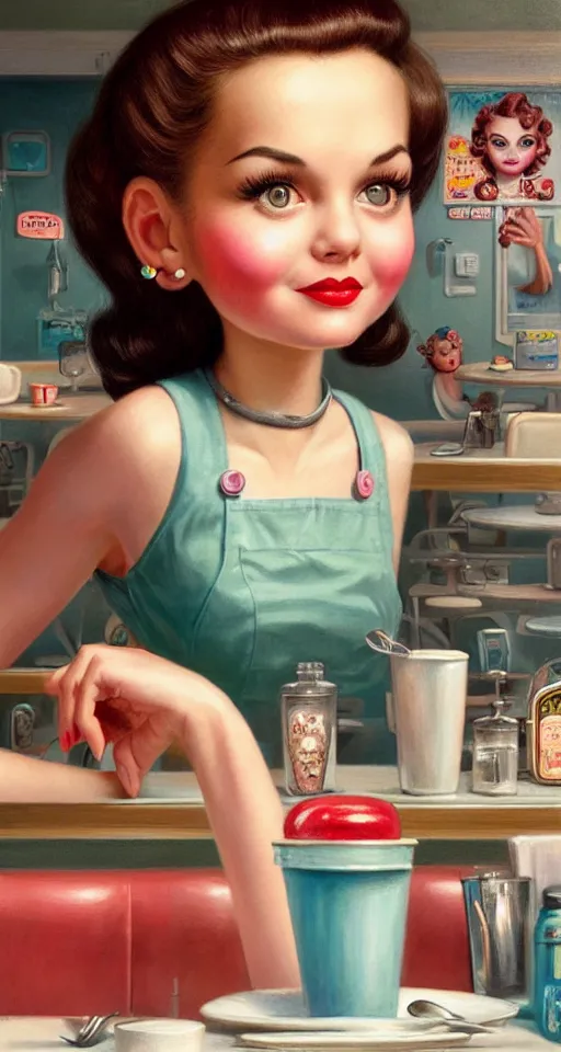 Image similar to closeup profile portrait of a 1 9 5 0 s diner, nicoletta ceccoli, mark ryden, lostfish, max fleischer, hyper realistic, artstation, illustration, digital paint, matte paint, vivid colors, bright, cheerful, detailed and intricate environment