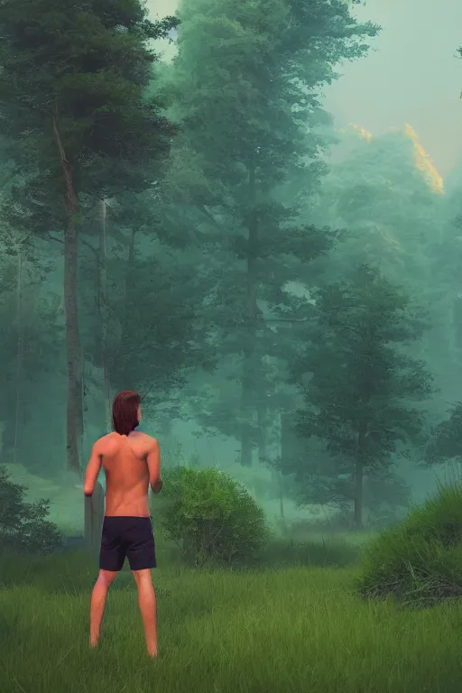 Image similar to young man with wavy back shoulder length hair, plain cotton shorts, back view, trees, detailed forest background, webtoon, breathtaking scenery, colourful, 8 k, graphic novel, digital art trending on artstation, volumetric lighting, octane render, cinematic, hyper detailed, magical atmosphere