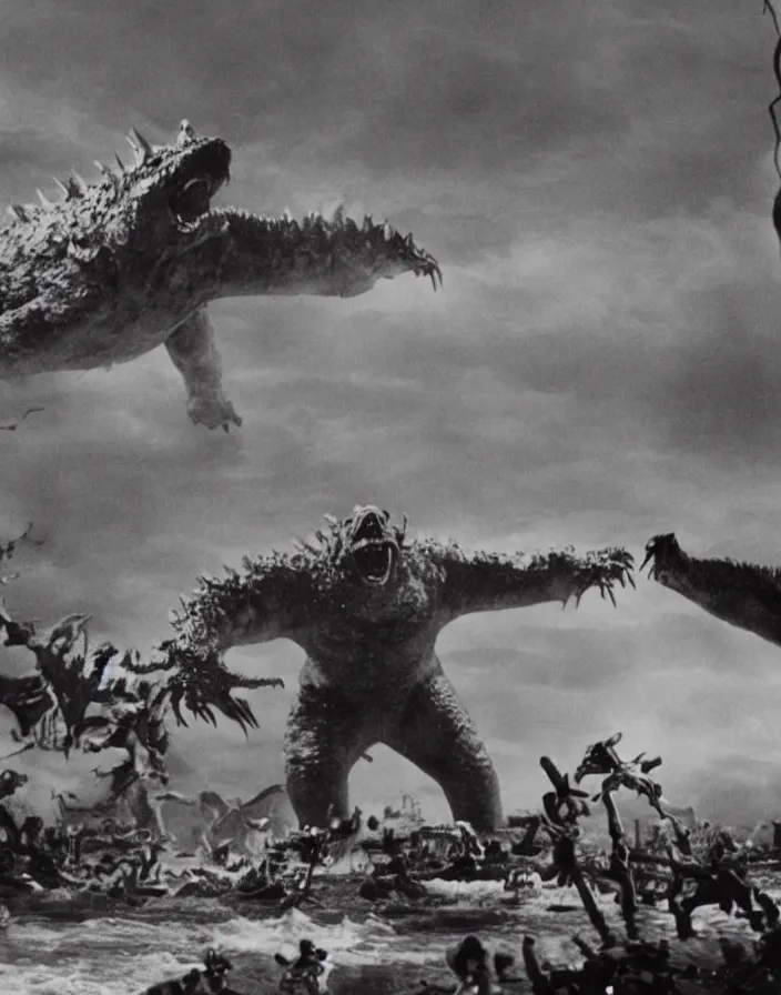 Image similar to a filmstill of a north korean monster movie, kaiju - eiga monster with starfish - arms trampling a traditional korean palace, foggy, film noir, epic battle, etheral, explosions, communist propaganda, communist epic thriller produced by kim jong - il, cinematography by akira kurosawa and tim burton, video compression