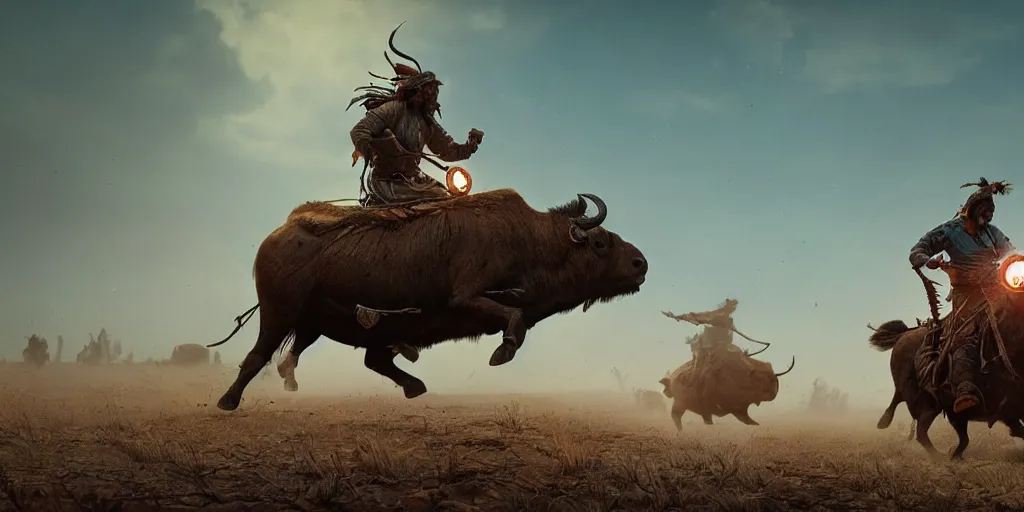 Prompt: running buffalo chase ,buffalos, native indian riding ancient atv, attacking, action scene, an epic fantasy, dramatic lighting, cinematic, establishing shot, extremely high detail, photorealistic, cinematic lighting, artstation, octane render, by simon stalenhag, horizon forbidden west and futuristic western