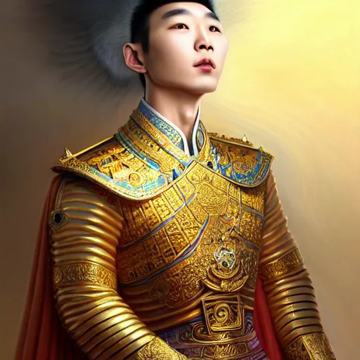 Image similar to pretty korean male dressed as king ramkhamhaeng of sukhothai, intricate, highly detailed, centered, digital painting, artstation, concept art, smooth, sharp focus, illustration, artgerm, tomasz alen kopera, peter mohrbacher, donato giancola, joseph christian leyendecker, wlop, boris vallejo