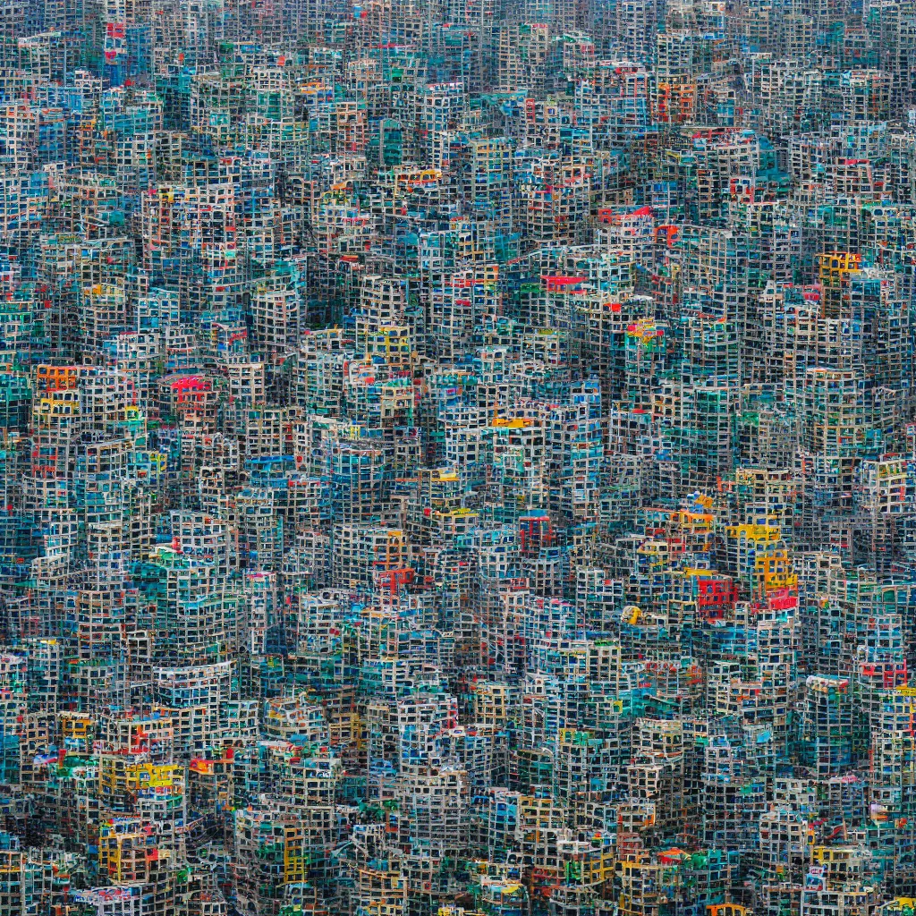 Prompt: a circular tower, made up of colourful makeshift squatter shacks in city downtown, dystopia, sony a 7 r 3, f 1 1, fully frontal view, ultra detailed, photographed by andreas gursky,