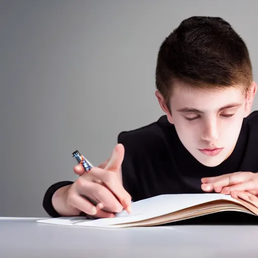 Prompt: a 1 7 years old boy, trying to study for his exams, realistic photo, hyper detailed, studio light