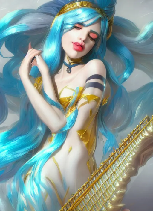 Image similar to elegant sona, from league of legends, with an harp, light blue hair, hyper detailed, digital art, trending in artstation, cinematic lighting, studio quality, smooth render, unreal engine 5 rendered, octane rendered, art style by klimt and nixeu and ian sprigger and wlop and krenz cushart