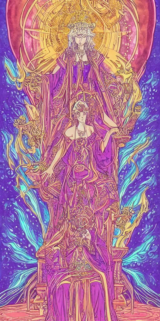 Image similar to a mystical woman priestess sitting on a throne, the divine feminine, drawn by studio UFOTABLE, psychedelic, fine line work, pastel colors, Tarot cards. The empress tarot card, detailed