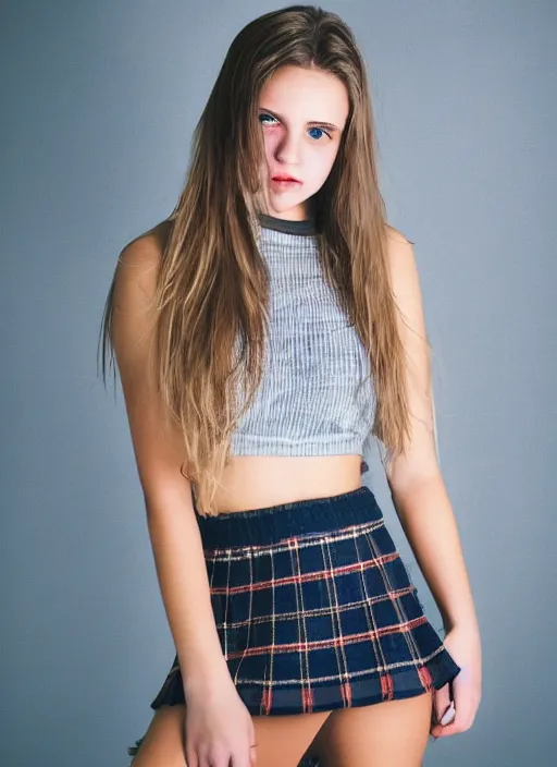 Prompt: gorgeous teen girl in plaid mini skirt and crop top, beautiful face, intricate, extremely detailed, modeling photography, 8 0 mm camera, dramatic lighting, dark room, body and face