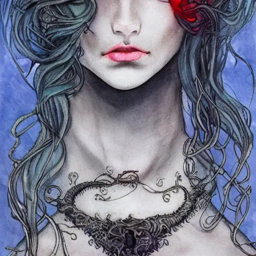 Prompt: character concept portrait of a beautiful woman with pale full face, medusa, headful of snakes, arthur rackham, blue / grey eyes, elegant, digital painting, art nouveau, smooth, focus, red glow
