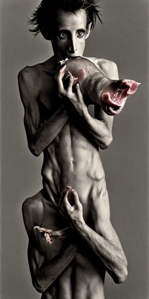 Image similar to award winning photo of ANOREXIC ROBERT BARRET EATING A PIG, vivid colors, happy, symmetrical face, beautiful eyes, studio lighting, wide shot art by Sally Mann & Arnold Newman