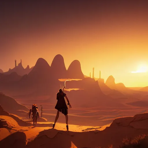 Image similar to sunset in the desert, fantasy art, illustration, animated film,, by roman shipunov, etienne hebinger, atey ghailan, cgsociety, cynical realism, fantasy art, 2 d game art