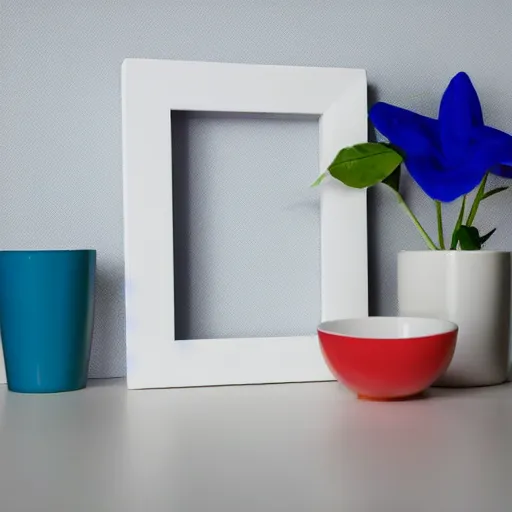 Image similar to an ultra high definition professional studio photograph, 5 0 mm f 1. 4 iso 1 0 0. the photo is set in a plain empty white studio room with a plain white plinth centrally located. the photo depicts an object on the plinth framed centrally. the object is a cup. the cup is coloured red and blue.