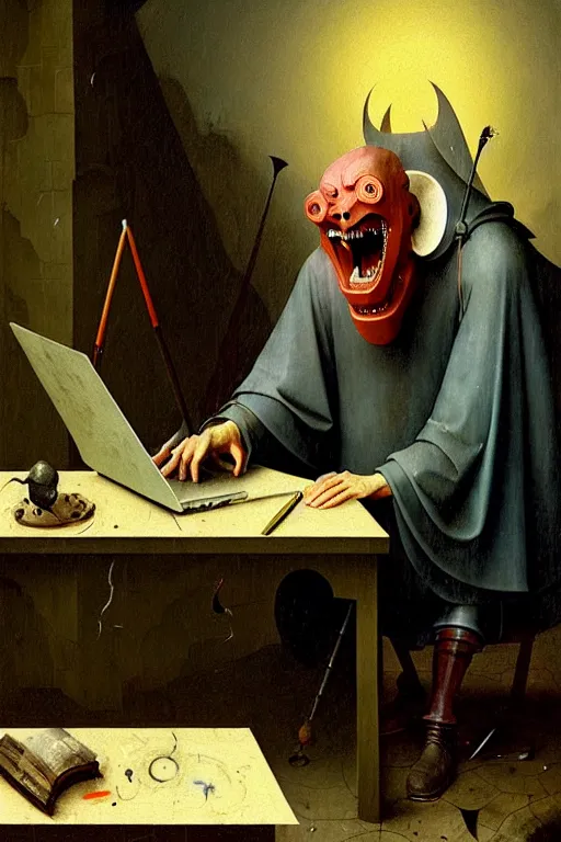 Prompt: hieronymus bosch, greg rutkowski, anna podedworna, painting of the master chief laughing at a laptop