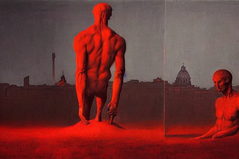 Image similar to only with red, caesar after win war, the deal, a red tiger, in hoc signo vinces, rome in background, an ancient path, in the style of beksinski, part by hopper, part by rodcenko, part by hofbauer, intricate composition, red by caravaggio, insanely quality, highly detailed, masterpiece, red light, artstation