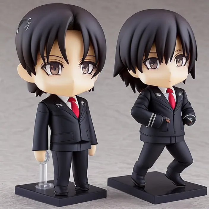 Image similar to a anime nendoroid of elon musk wear giorgio armani suits and black shoe, car tesla 3, figurine, product photo, detailed