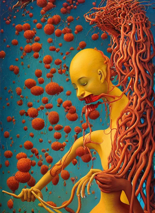 Image similar to hyper detailed Oil painting - She Eats of the Strangling Fruit and Her gossamer polyp blossoms bring iridescent fungal flowers whose spores black the foolish stars by Jacek Yerka, Mariusz Lewandowski, Abstract brush strokes, Masterpiece, Edward Hopper and James Gilleard, Zdzislaw Beksinski, Mark Ryden, Wolfgang Lettl, hints of Yayoi Kasuma