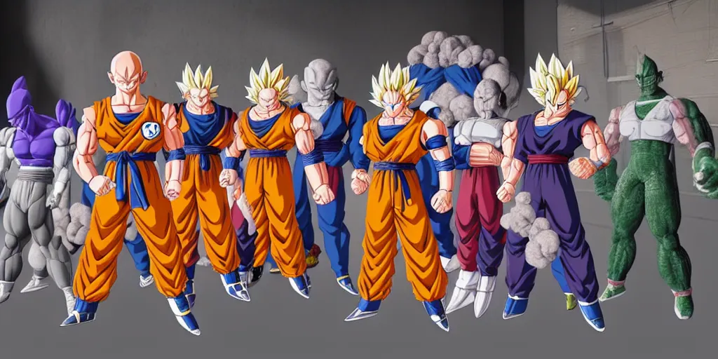Image similar to Dragonball characters waiting for a fighting tournament to start, unreal 5, hyperrealistic, realistic, photorealistic, dynamic lighting, highly detailed, cinematic landscape, studio landscape, studio lighting
