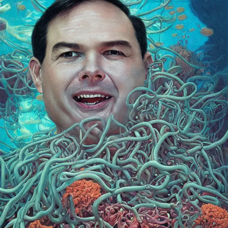 Image similar to Hyperrealistic intensely colored close up studio Photograph portrait of deep sea bioluminescent Senator Marco Rubio, symmetrical face realistic proportions eye contact tentacles, Grinning in a coral reef underwater, award-winning portrait oil painting by Norman Rockwell and Zdzisław Beksiński vivid colors high contrast hyperrealism 8k