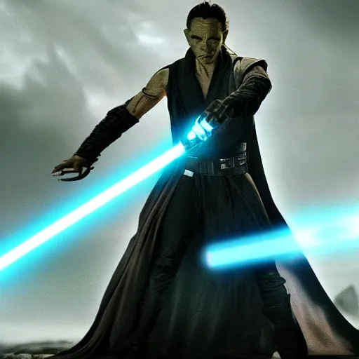 Prompt: evil mutant corrupted rey, using the force to kill, sith lord, dark side, cinematic movie image, both hands raised to use the force, yellow eyes, hd star wars photo