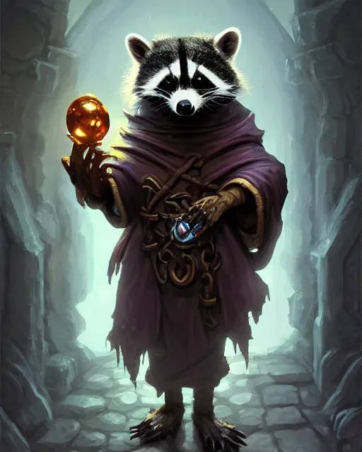 Image similar to anthropomorphic hooded necromancer raccoon casting a spell in a dungeon, deep focus, d & d, fantasy, intricate, elegant, highly detailed, digital painting, artstation, concept art, matte, sharp focus, illustration, hearthstone, art by artgerm and greg rutkowski and alphonse mucha