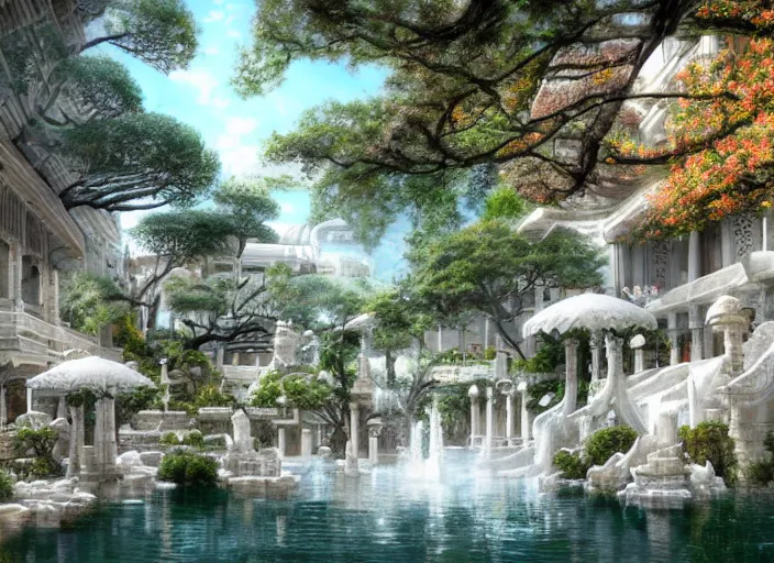 Image similar to A wide open courtyard in a beautiful elven city made of ivory, anime, Singaporean lush sakura trees, fountain, at Pamukkale, thermal waters flowing down white and gold travertine terraces, intricate, elegant, luxurious, digital painting, concept art, smooth, sharp focus, from Star Trek 2021, illustration, by WLOP and Ruan Jia and Mandy Jurgens and William-Adolphe Bouguereau, Artgerm