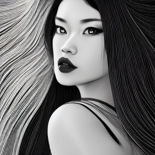 Image similar to a beautiful detailed black and white line art illustration of an attractive japanese female with long black hair covering part of her face, centered, glamour portrait from the waist up, by karol bak and beeple, trending on artstation and deviantart and behance, extreme detailing, realistic, 8 k, 4 k hd wallpaper