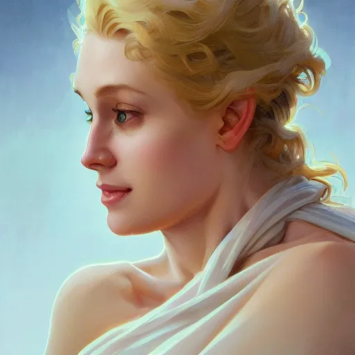 Image similar to A pregnant blond lady with closed eyes smiling, very detailed sharp angular masculine face, hooked nose and square jaw long fluffy curly blond hair, light blond hair, gorgeous, beautiful, intricate, highly detailed, digital painting, artstation, concept art, sharp focus, illustration, art by greg rutkowski and alphonse mucha