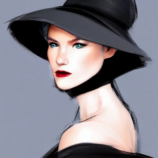 Image similar to beautiful woman in a black dress, full length photo, wearing a white hat and a red scarf, head bowed slightly, looking mischievously and mysteriously at the camera, wavy blond hair, knees upturned, very beautiful woman, 4k highly detailed, digital painting, artstation, concept art, matte, sharp focus, illustration, art by Artgerm and Greg Rutkowski and Alphonse Mucha