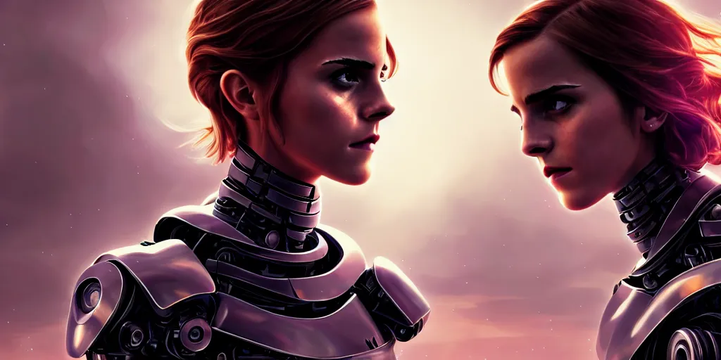 Prompt: emma watson, chrome robot, matte oil painting, retrofuturistic, colorful, concept art, science fantasy, rpg, epic, dungeons & dragons, sharp focus, award - winning, extremely detailed, 4 k, 8 k