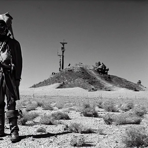 Prompt: a pirate wearing a gasmask, in the desert, film still, arriflex 3 5