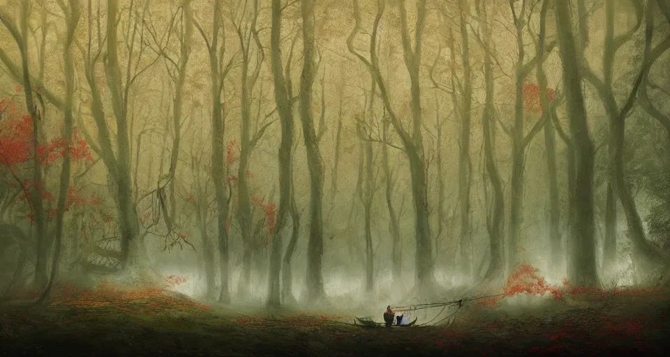 Prompt: an old broken sailing ship in an autumn forest, green and red tones, by Aron Wiesenfeld and beksincki, cinematic, detailed illustration, nature, fog, dark colors, suspense, intricate, 8k