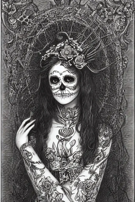 Prompt: Illustration of a sugar skull day of the dead girl, art by gustave dore