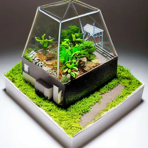 Image similar to a terrarium with nuclear power station diorama inside on top of a minimalist table, lit from the side