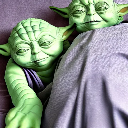 Prompt: yoda and putin sleeping in bed together