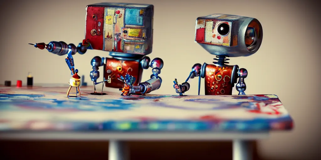 Image similar to closeup portrait of tin toy retro robot painter mixing gouache on white paper table in an artist workshop, depth of field, zeiss lens, detailed, centered, fashion photoshoot, by nicoletta ceccoli, mark ryden, lostfish, breathtaking, 8 k resolution, extremely detailed, beautiful, establishing shot, artistic, hyperrealistic, octane render