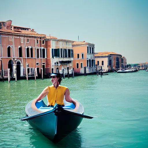 Image similar to a fashionable man driving a riva boat around the the venetian lagoon. kodak portra film photograph. brilliant aqua blues. complimentary color palette.