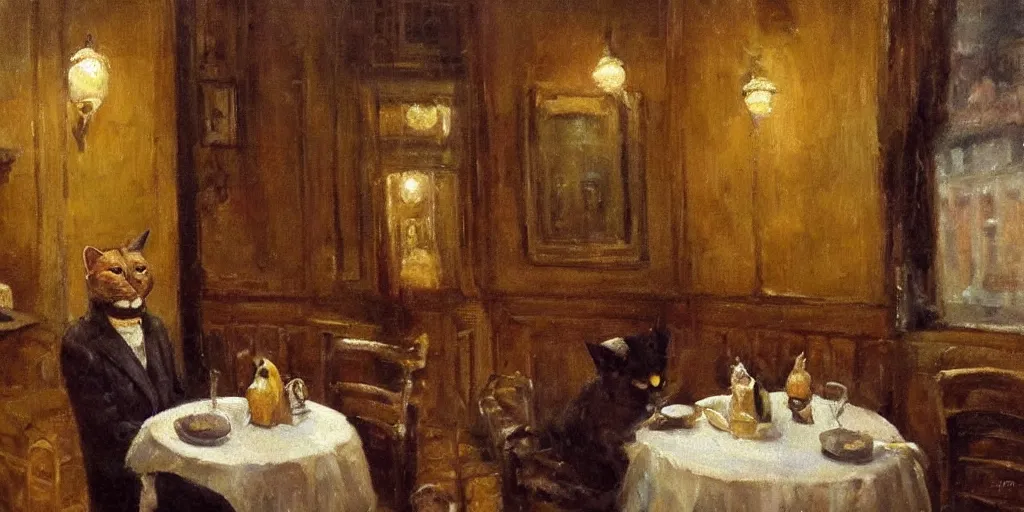 Image similar to brown cat with yellow eyes is sitting at table in a cafe at paris in early 2 0 th century. atmospheric feeling, warm colours, brown colours, yellow colours, epic scene, cinematic, very detailed, oil painting