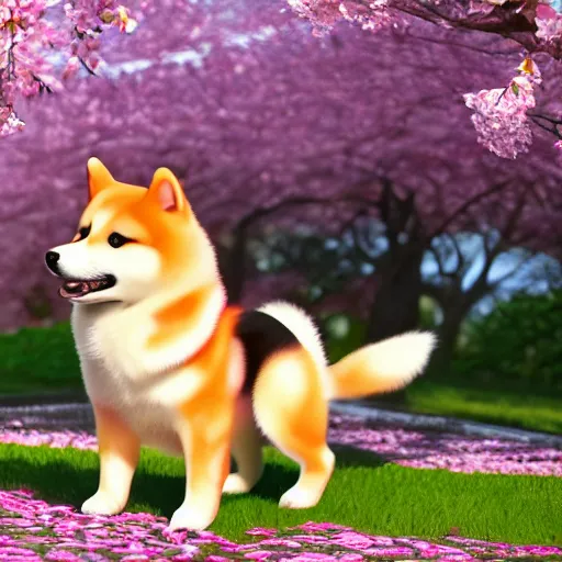 Image similar to hyper realistic cute fluffy shiba inu plays under the cherry blossom tree, highly detailed, digital painting, artstation, concept art, movie still, smooth, sharp focus uhd 8 k