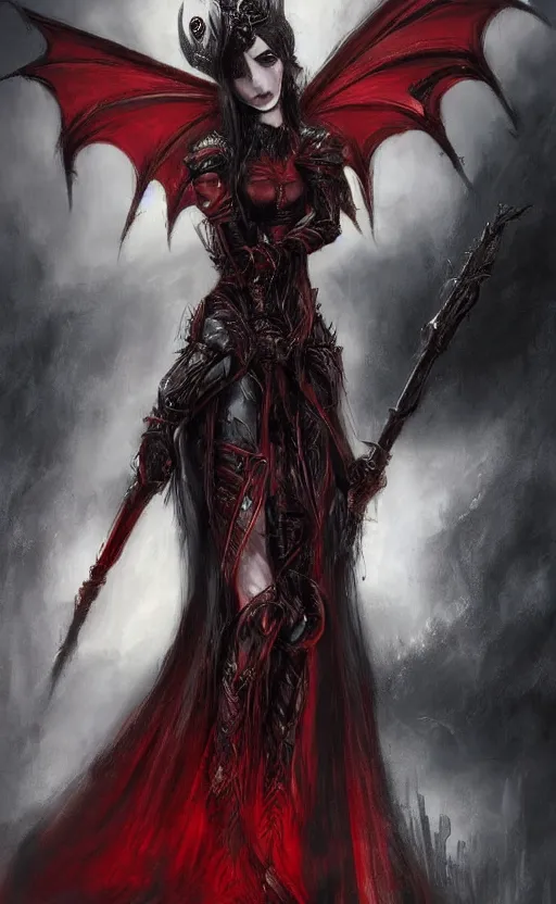 Image similar to Concept art Gothic princess in dark and red dragon armor. By Joseph Mallord William Turner, Luis Royo, artstation trending, highly detailded