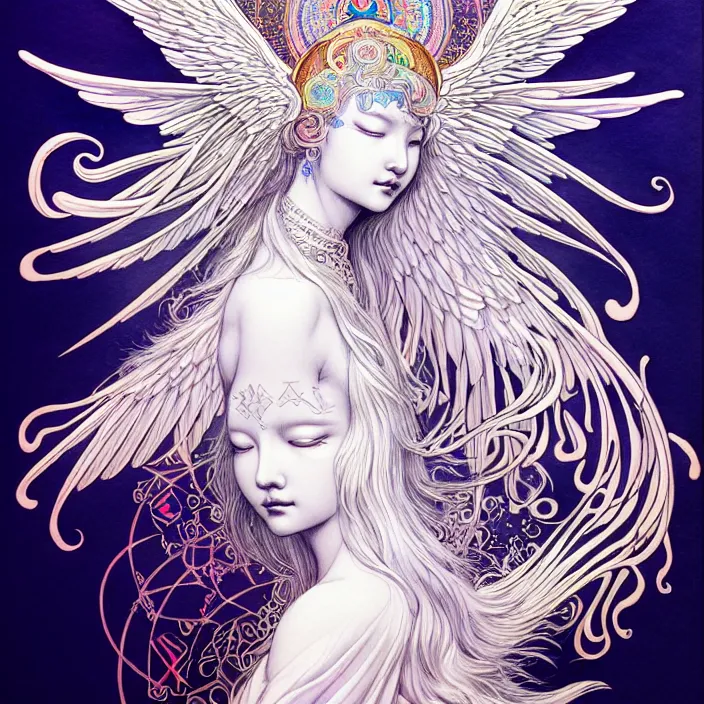 Image similar to stylized art of an psychedelic angelic celestial being by jung gi kim, trending on artstation, winged head, white gold skin, ayahuasca, sacred geometry, esoteric art, watercolor