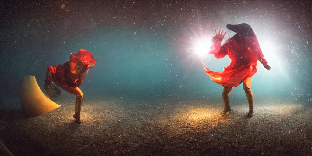 Prompt: underwater fisheye slow motion with long trail fire effect of futuristic girl dancing break dance wearing long dark cloak and golden helmet emitting magic dust and fire, long exposure shot , enigmatic, at night underwater in the middle of the arctic with red light A letter, paddle of water, steam, fog, water splashes, rim lights, glossy reflections, water droplets on lens, octane render, Volumetric dynamic lighting, stunning cover magazine, high details, hajime sorayama