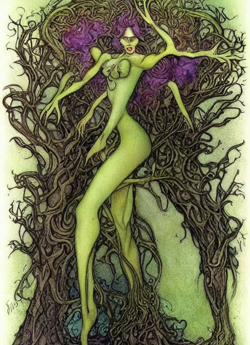 Prompt: junoesque curvaceous fey queen, vine dress, glowing forest, strong line, eerie color, beautiful! coherent! by brian froud