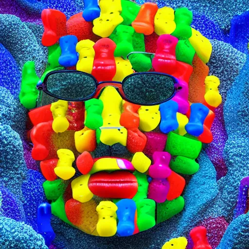 Image similar to a giant human head sculpture made out of thousands of small gummy bears placed on the surface of the ocean, in the style of chad knight, long shot, hyper detailed, hyper realistic, ray tracing, 8 k resolution, sharp focus, realistic water, award winning