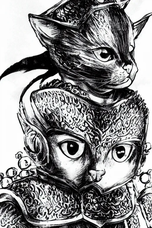 Image similar to Baby Kitten as a knight, highly detailed, black and white, manga, art by Kentaro Miura