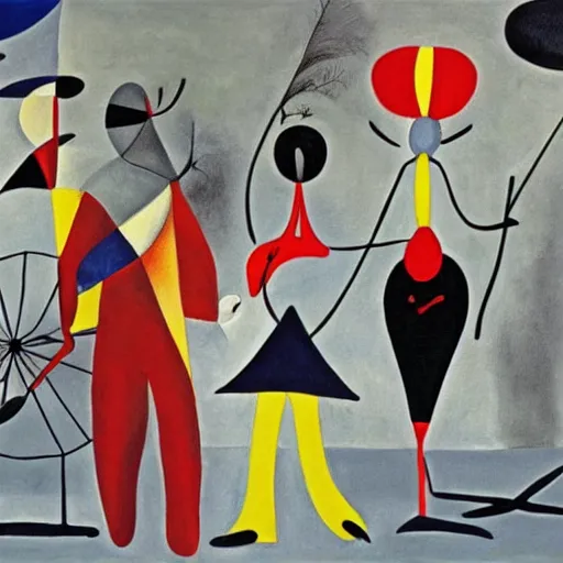 Prompt: an acryllic painting of a group of strange people, on a pale background, muted palette mostly white, black, gray, dark red, dark blue, figure riding penny farthing, woman in long dresses with parasol, astronaut, objects and shapes are scattered around the composition, minimalistic, mixed media, in the styles of both joan miro and mark rothko