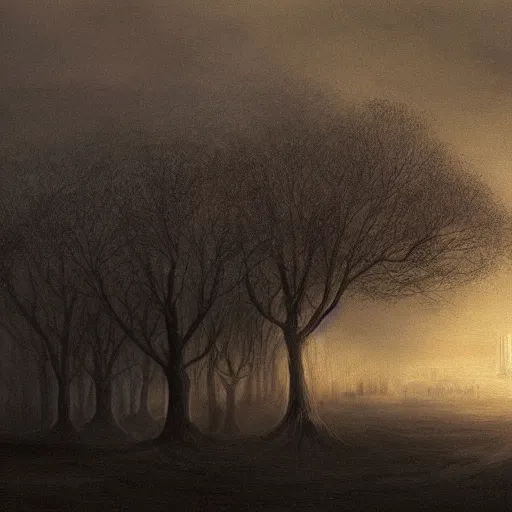 Prompt: A haunting dark castle stands over a misty orchard, a crescent moon dimly shines; lighting a small path that winds through the trees. A matte painting in the style of Wayne Barlowe, Zdzisław Beksiński, by Mordecai Ardon.