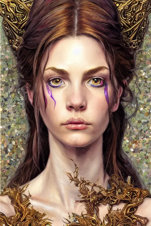 Image similar to high quality extremely detailed portrait of a young gorgeous female warlock looking away from the camera, detailed eyes, sparkle in eyes, no hands visible, fantasy, d & d, intricate, painting by lucian freud and mark brooks, hd