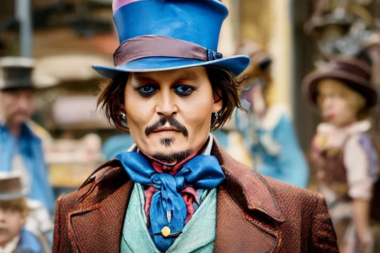 Image similar to johnny depp as a character in willy wonka's chocolate factory movie directed by tim burton, all faces are distorted contorted, shock, repulsion, disgust, annoyance, cinematic still, movie still, long lens, shallow depth of field, bokeh, anamorphic lens flare, 8 k