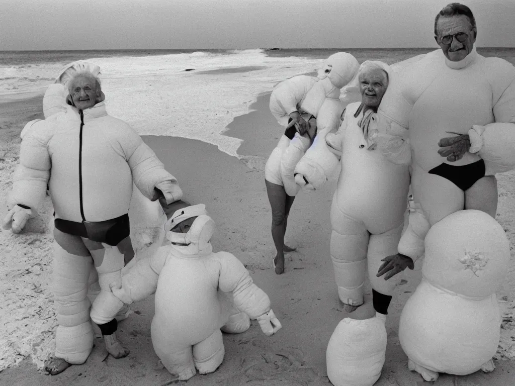 Image similar to a martin parr photo of a grandpa couple, wearing michelin man white body costumes in a beach, sunrise, 1 9 7 0 s kodachrome colour photo, flash on camera,